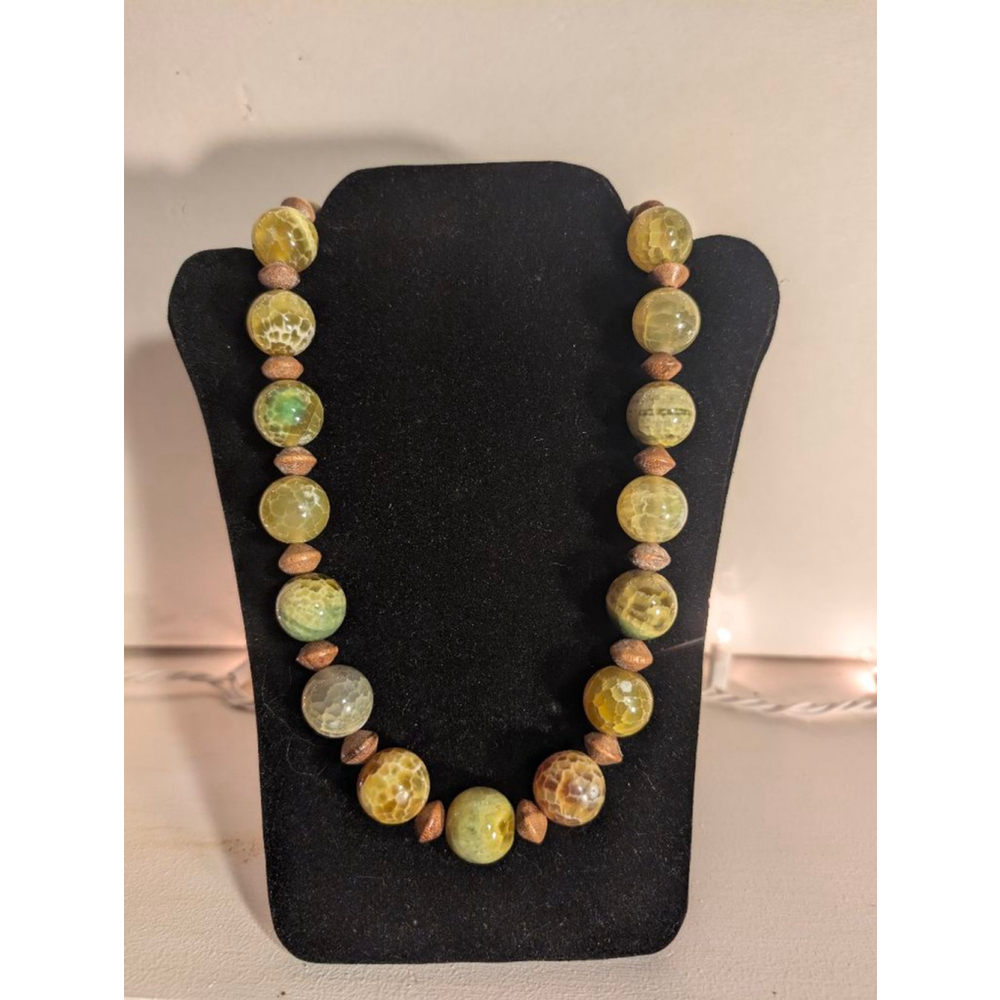 Women's Handmade Artisan Glass Bead Necklace, Green and Brown, One Size